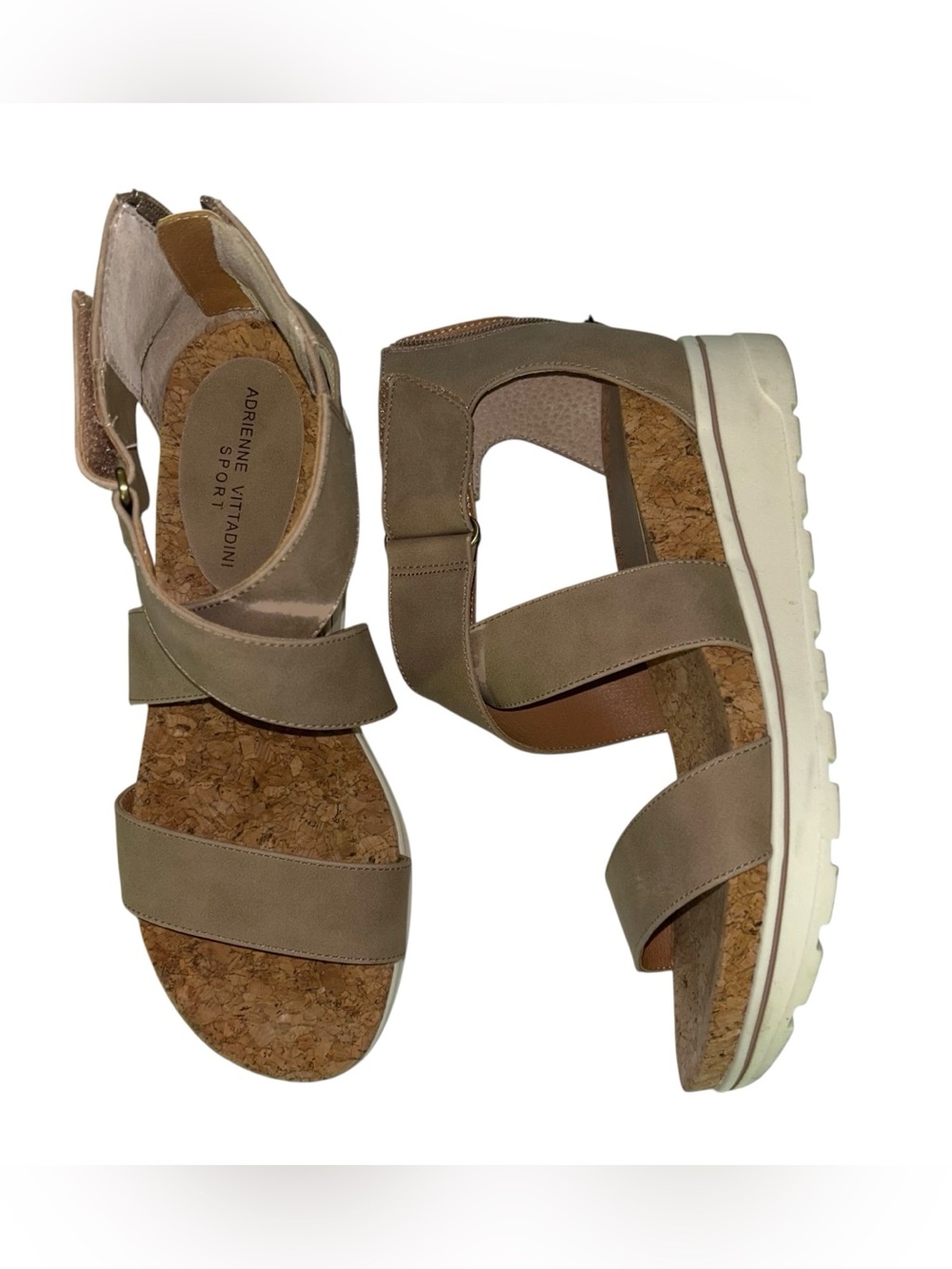 Adrienne Vittadini Sport Cecilia Cork Wedge Sandals‎ Taupe Platform Comfort 10